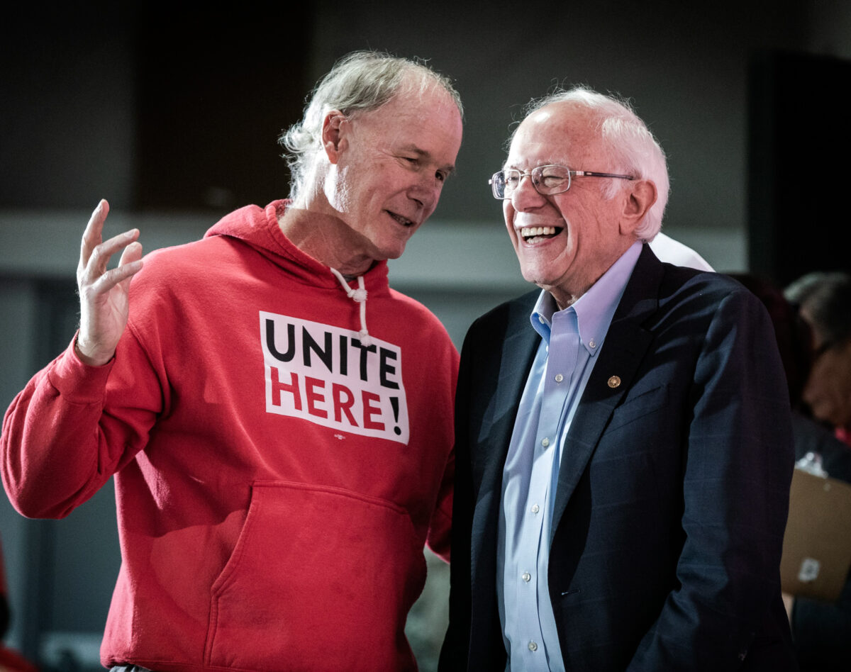 UNITE HERE President D. Taylor, left, and then-presidential candidate Sen. Bernie Sanders (D-NH) during the Culinary Union Town Hall in Las Vegas on Dec. 9, 2019. (Jeff Scheid/The Nevada Independent).